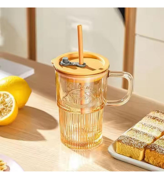 Panda Glass Mug with Straw & Lid 400ml