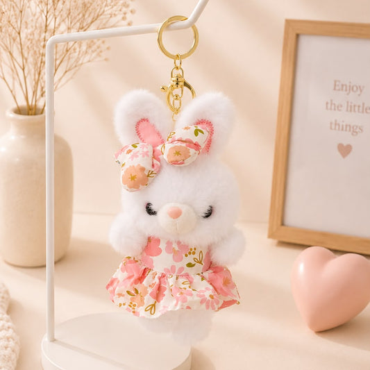 Floral Dress Bunny Plushie Keychain – Kawaii Rabbit Bag Charm