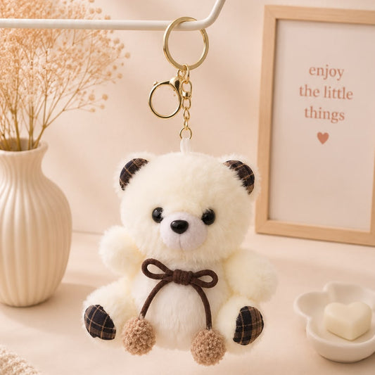 Plaid Bow Teddy Plushie Keychain – Soft Bear Bag Charm