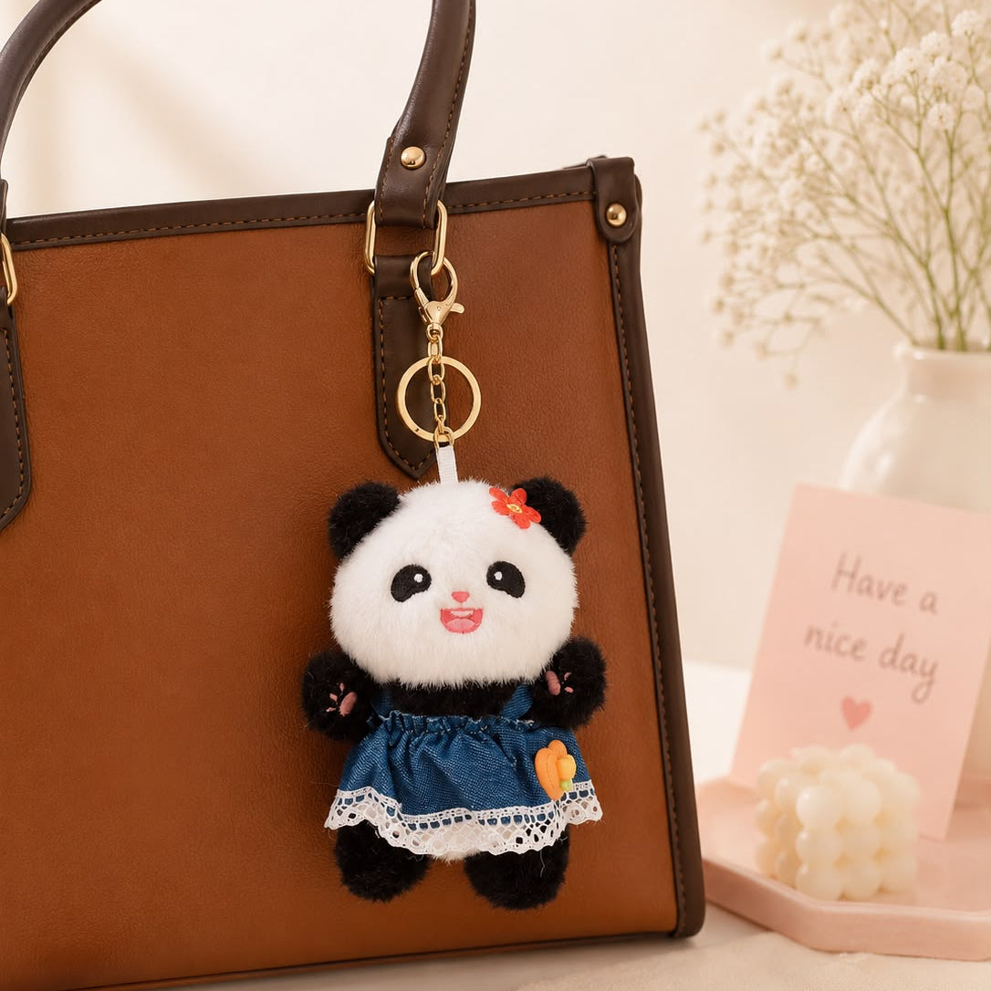 Denim Dress Panda Plushie Keychain – Kawaii Bag Charm