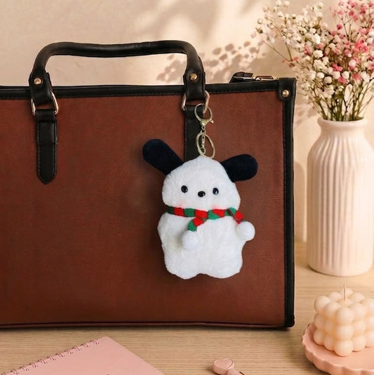 Kawaii Dog Plush Keychain | Fluffy Pochacco-Style Bag Charm with Scarf