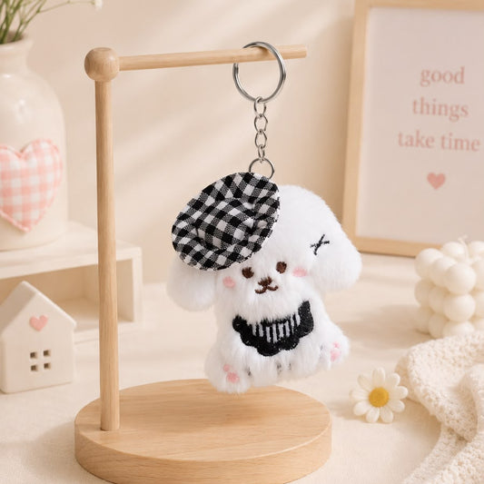 Gingham Beret Puppy Plushie Keychain – Kawaii Dog Bag Charm