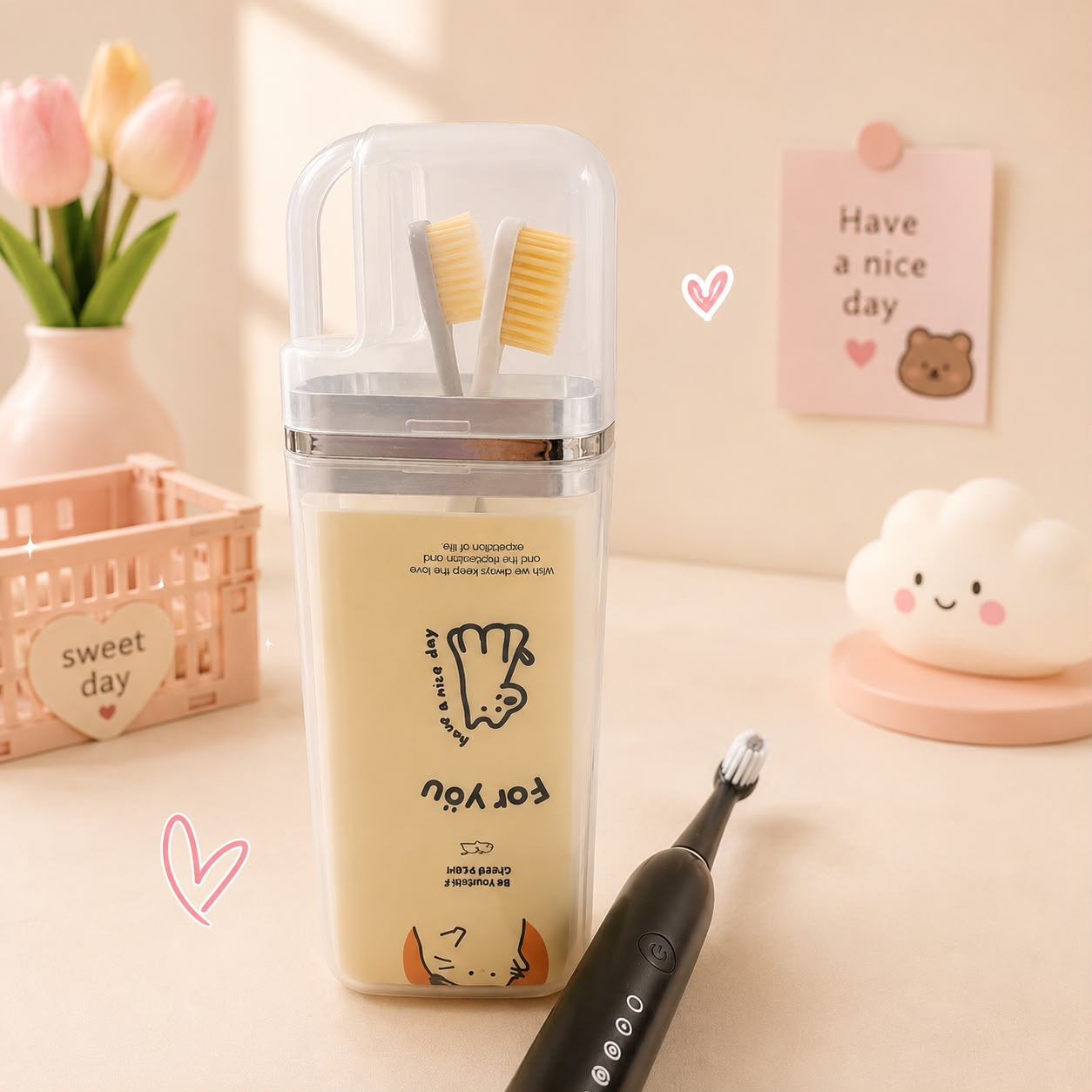 Kawaii Travel Toothbrush Organiser Cup – Portable Toiletry Storage with Flip Lid