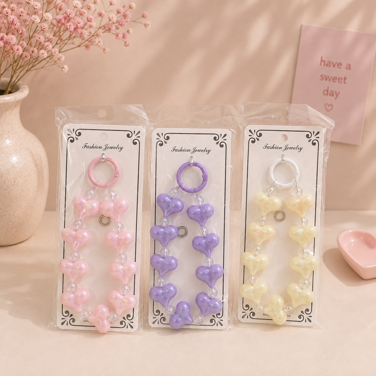 Phone Charm | Puffy Heart Beaded - Cute Loop Wrist Strap Accessory