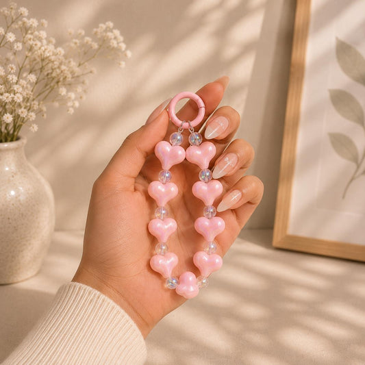 Phone Charm | Puffy Heart Beaded - Cute Loop Wrist Strap Accessory