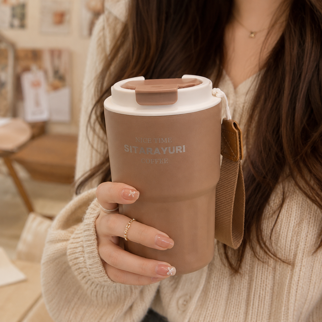 Sitarayuri Insulated Coffee Tumbler | Premium Stainless Steel Travel Mug with Wrist Strap