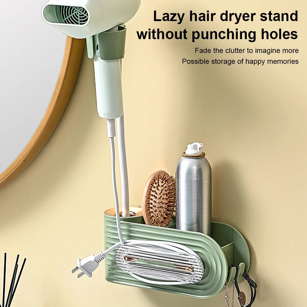 Wall-Mounted Hair Dryer Holder with Storage Shelf – No Drilling Required