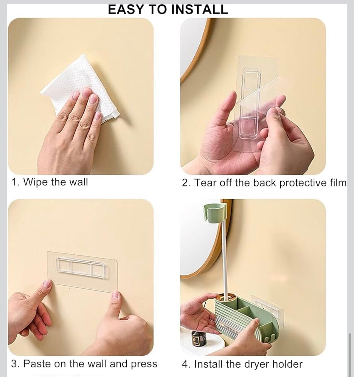 Wall-Mounted Hair Dryer Holder with Storage Shelf – No Drilling Required