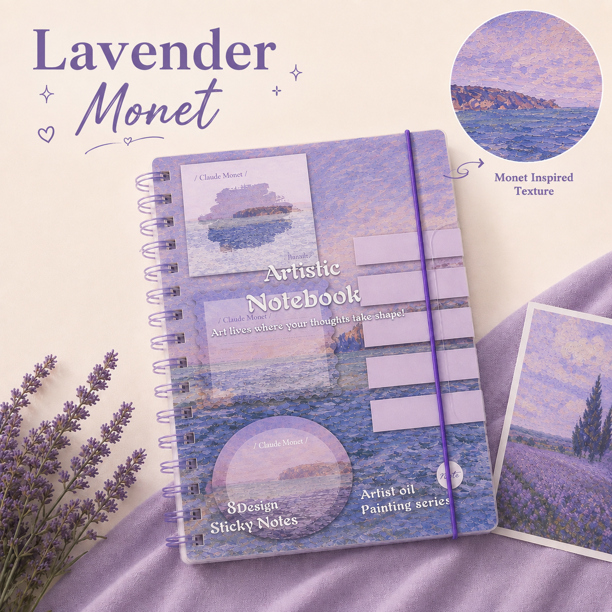 Artistic Spiral Notebook with Sticky Notes | Artist Oil Painting Series | Monet & Van Gogh Inspired