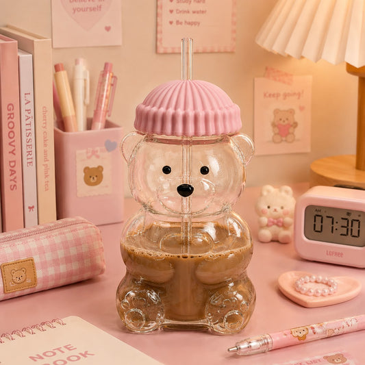Teddy Bear Glass Tumbler with Straw