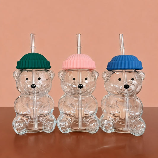 Teddy Bear Glass Tumbler with Straw