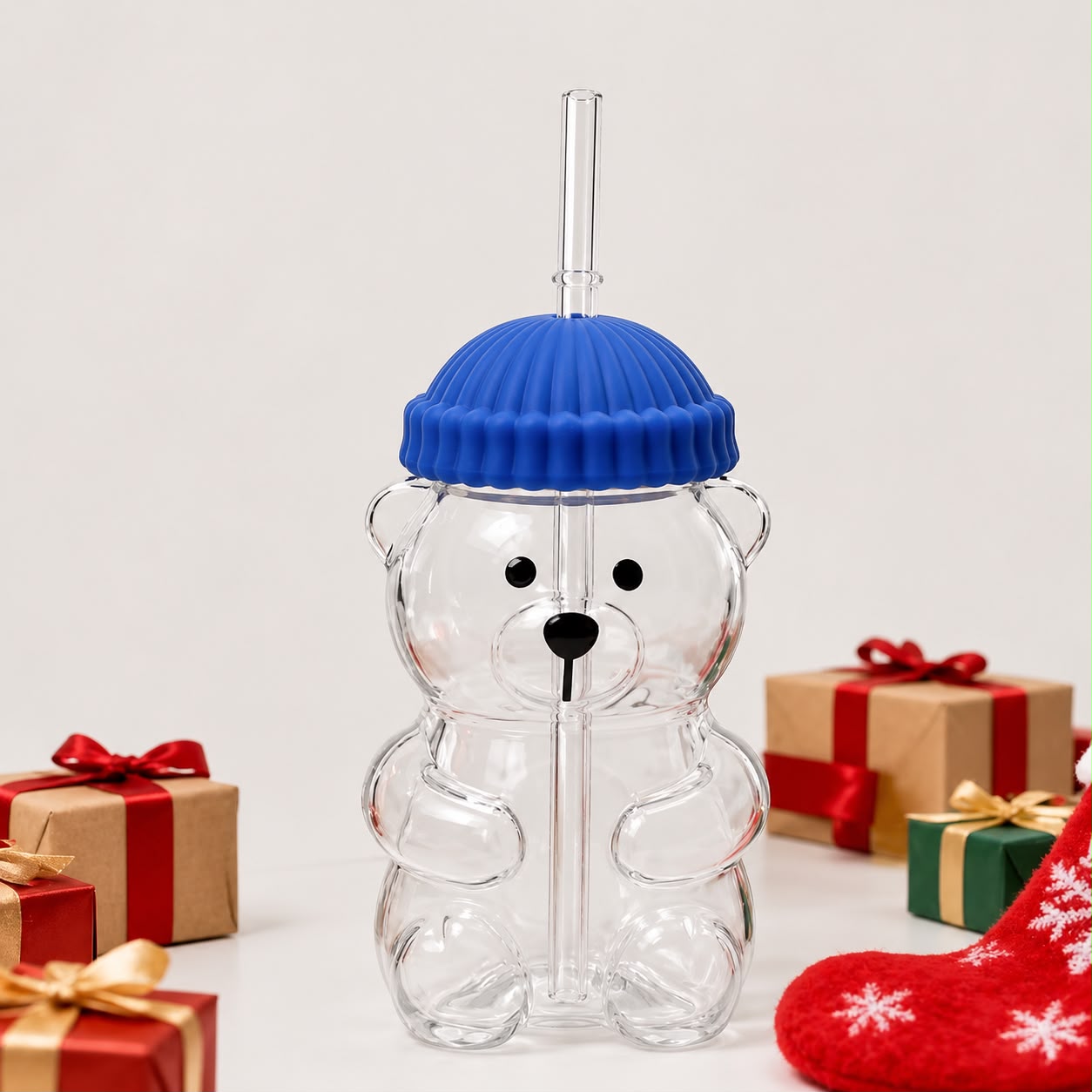 Teddy Bear Glass Tumbler with Straw
