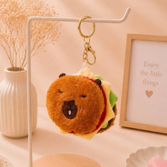 Capybara Burger Plushie Keychain – Funny Kawaii Bag Charm