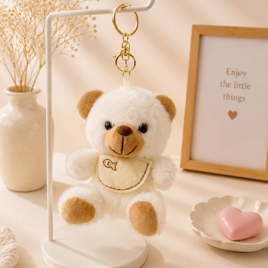 Bib Teddy Plushie Keychain – Fluffy Bear Bag Charm