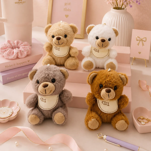 Bib Teddy Plushie Keychain – Fluffy Bear Bag Charm