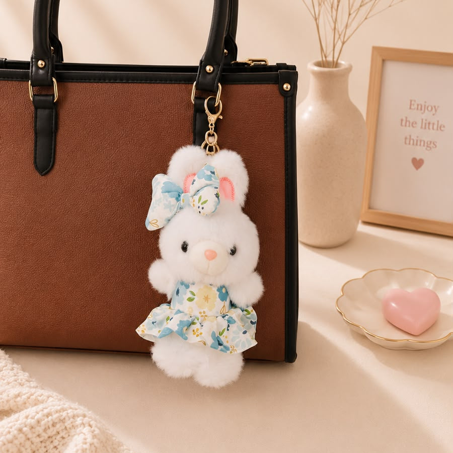 Floral Dress Bunny Plushie Keychain – Kawaii Rabbit Bag Charm
