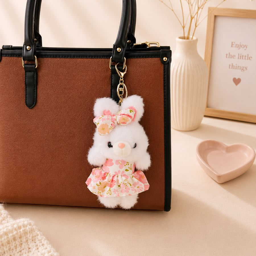Floral Dress Bunny Plushie Keychain – Kawaii Rabbit Bag Charm