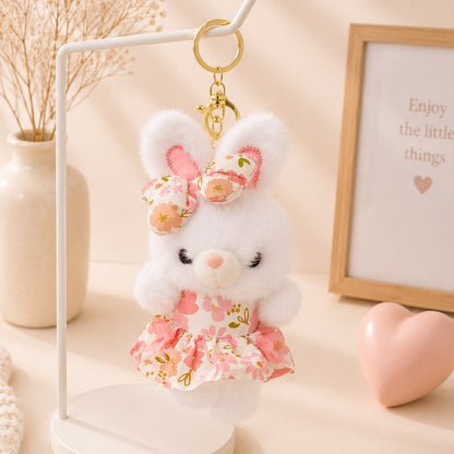 Floral Dress Bunny Plushie Keychain – Kawaii Rabbit Bag Charm