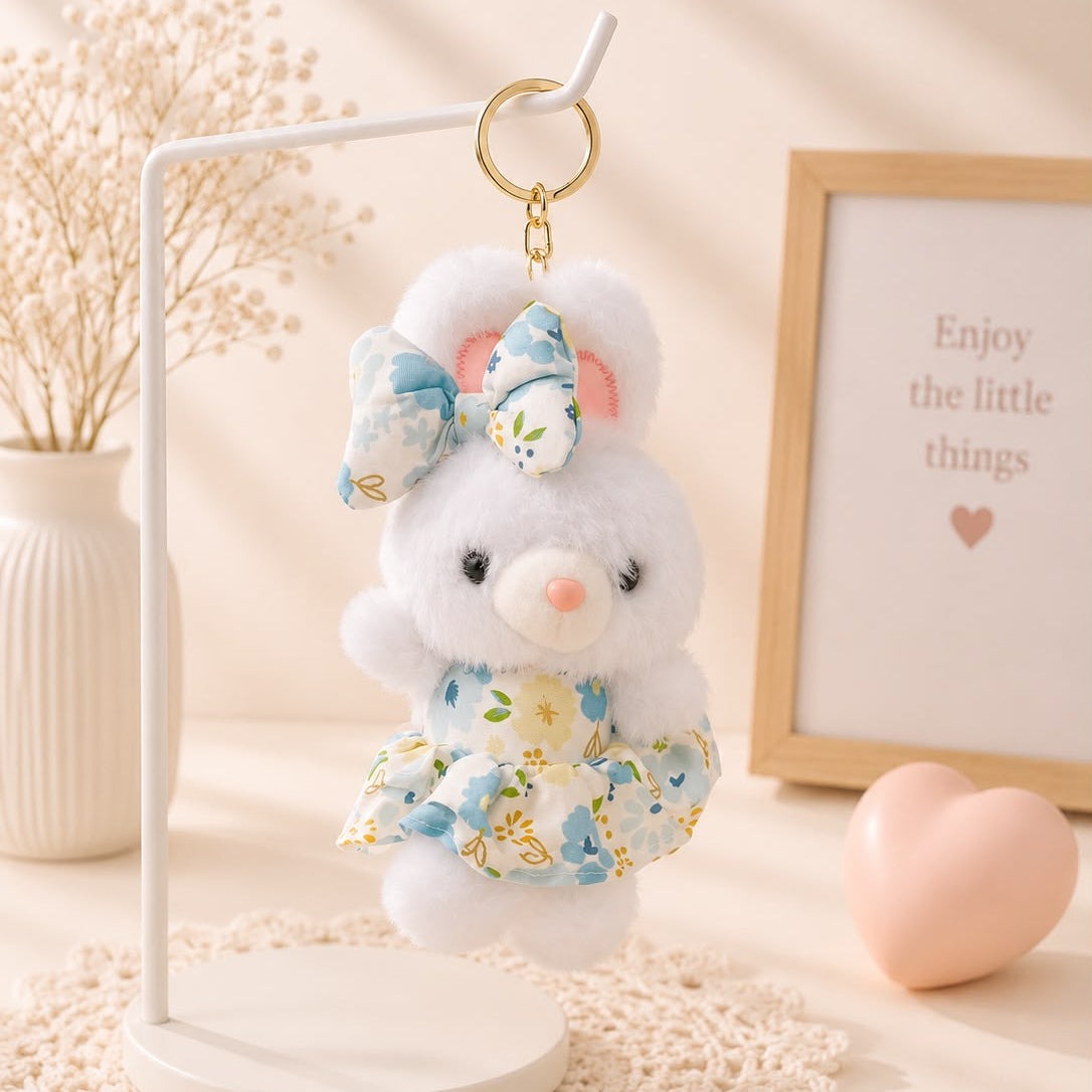 Floral Dress Bunny Plushie Keychain – Kawaii Rabbit Bag Charm