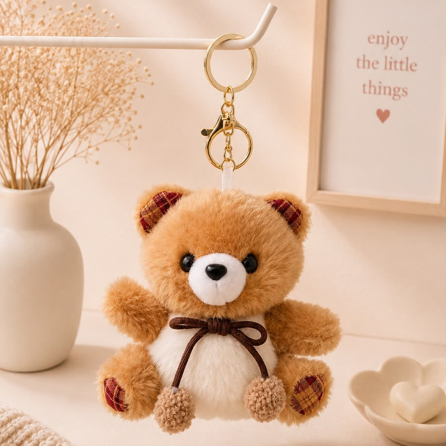 Plaid Bow Teddy Plushie Keychain – Soft Bear Bag Charm