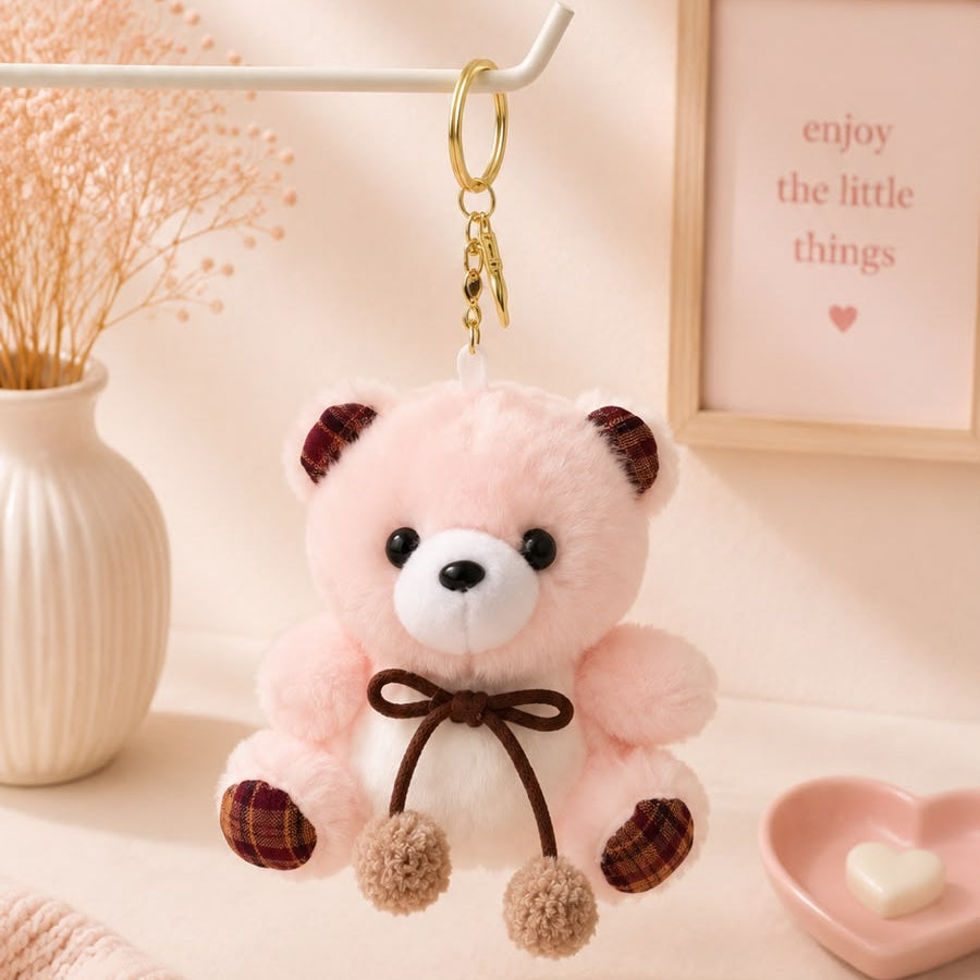 Plaid Bow Teddy Plushie Keychain – Soft Bear Bag Charm