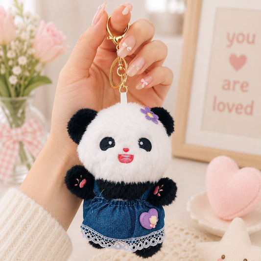 Denim Dress Panda Plushie Keychain – Kawaii Bag Charm
