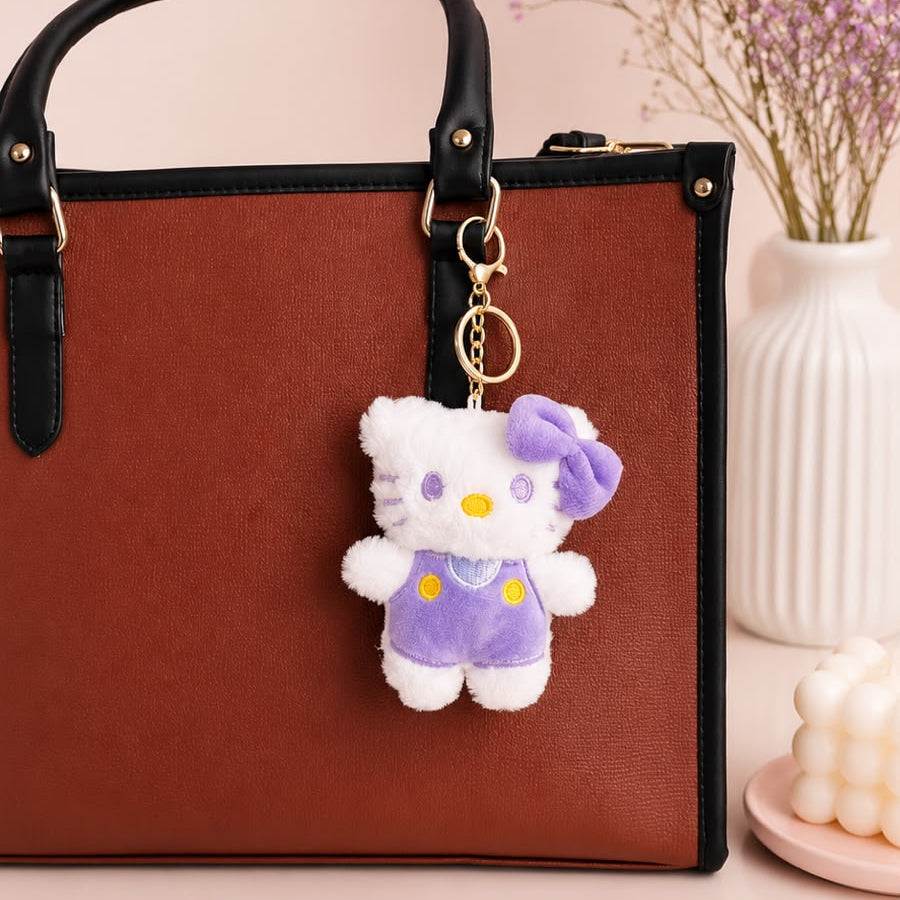 Kawaii Cat Plush Keychain | Cute Fluffy Bag Charm – Pink, Blue, Yellow & Purple