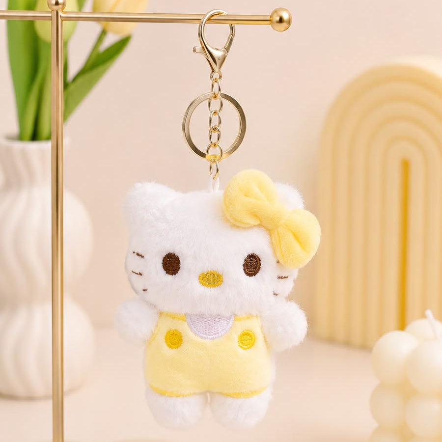 Kawaii Cat Plush Keychain | Cute Fluffy Bag Charm – Pink, Blue, Yellow & Purple