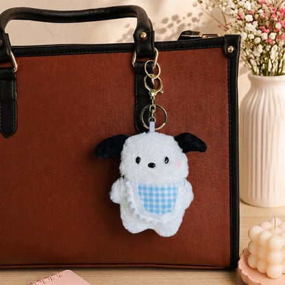 Kawaii Puppy Plush Keychain | Fluffy Dog Bag Charm with Gingham Bib – Pink & Blue