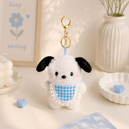 Kawaii Puppy Plush Keychain | Fluffy Dog Bag Charm with Gingham Bib – Pink & Blue