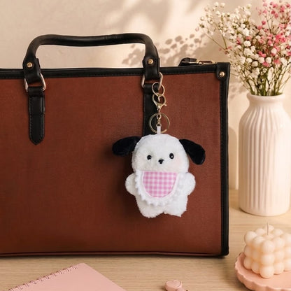 Kawaii Puppy Plush Keychain | Fluffy Dog Bag Charm with Gingham Bib – Pink & Blue