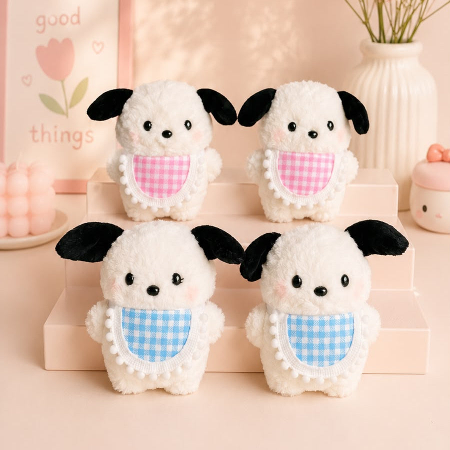 Kawaii Puppy Plush Keychain | Fluffy Dog Bag Charm with Gingham Bib – Pink & Blue