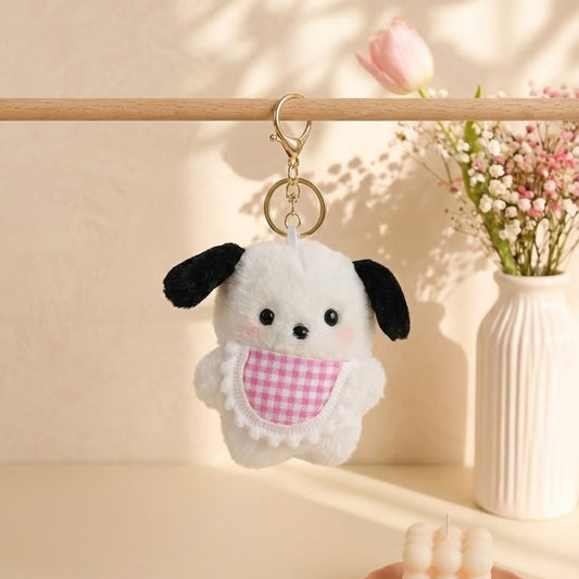 Kawaii Puppy Plush Keychain | Fluffy Dog Bag Charm with Gingham Bib – Pink & Blue