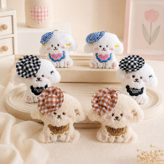 Gingham Beret Puppy Plushie Keychain – Kawaii Dog Bag Charm