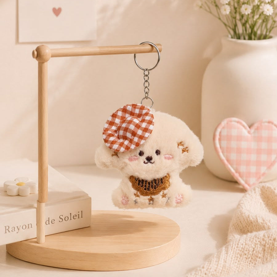 Gingham Beret Puppy Plushie Keychain – Kawaii Dog Bag Charm