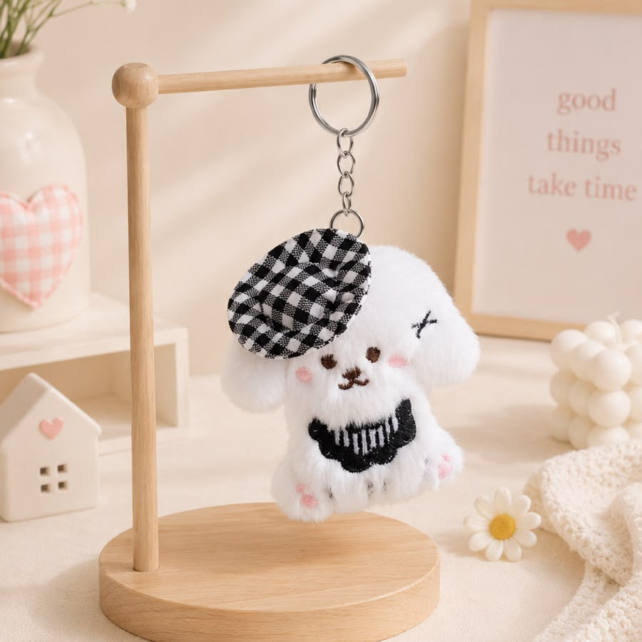 Gingham Beret Puppy Plushie Keychain – Kawaii Dog Bag Charm