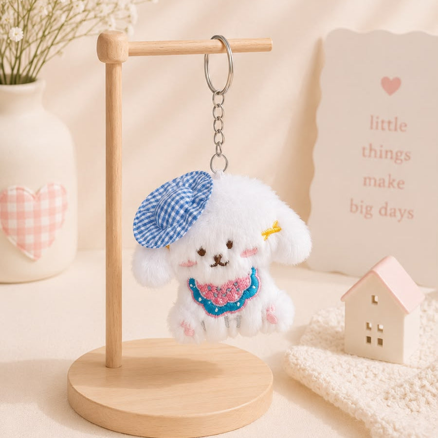 Gingham Beret Puppy Plushie Keychain – Kawaii Dog Bag Charm