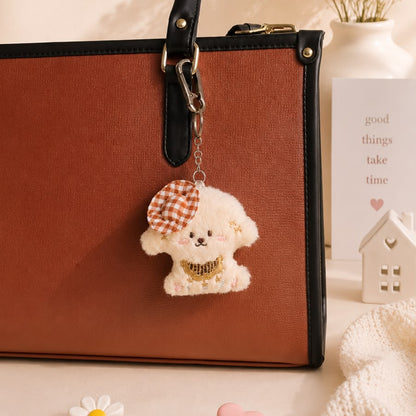Gingham Beret Puppy Plushie Keychain – Kawaii Dog Bag Charm