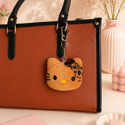 Leopard Bow Kitty Face Plushie Keychain – Chunky Kawaii Cat Bag Charm
