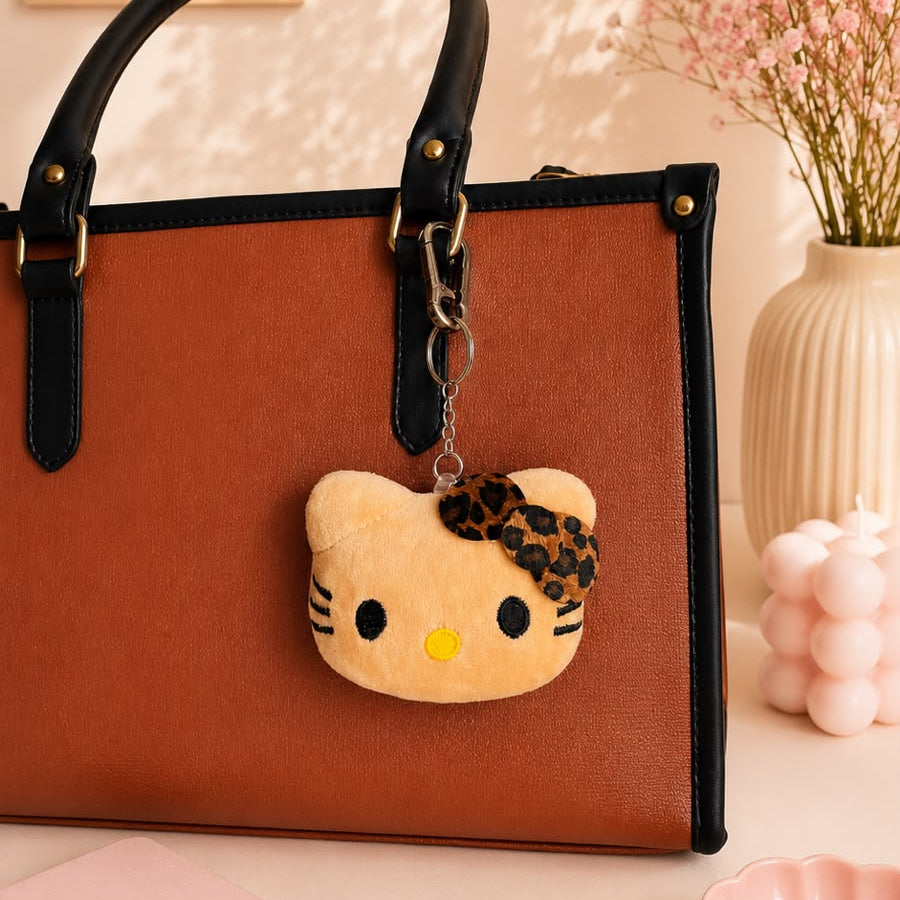 Leopard Bow Kitty Face Plushie Keychain – Chunky Kawaii Cat Bag Charm