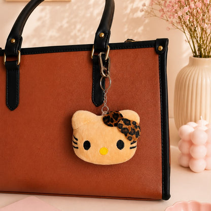 Leopard Bow Kitty Face Plushie Keychain – Chunky Kawaii Cat Bag Charm