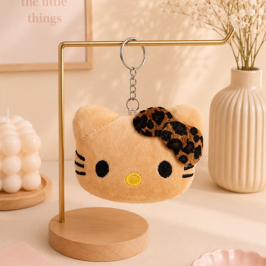 Leopard Bow Kitty Face Plushie Keychain – Chunky Kawaii Cat Bag Charm