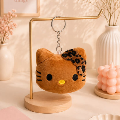 Leopard Bow Kitty Face Plushie Keychain – Chunky Kawaii Cat Bag Charm