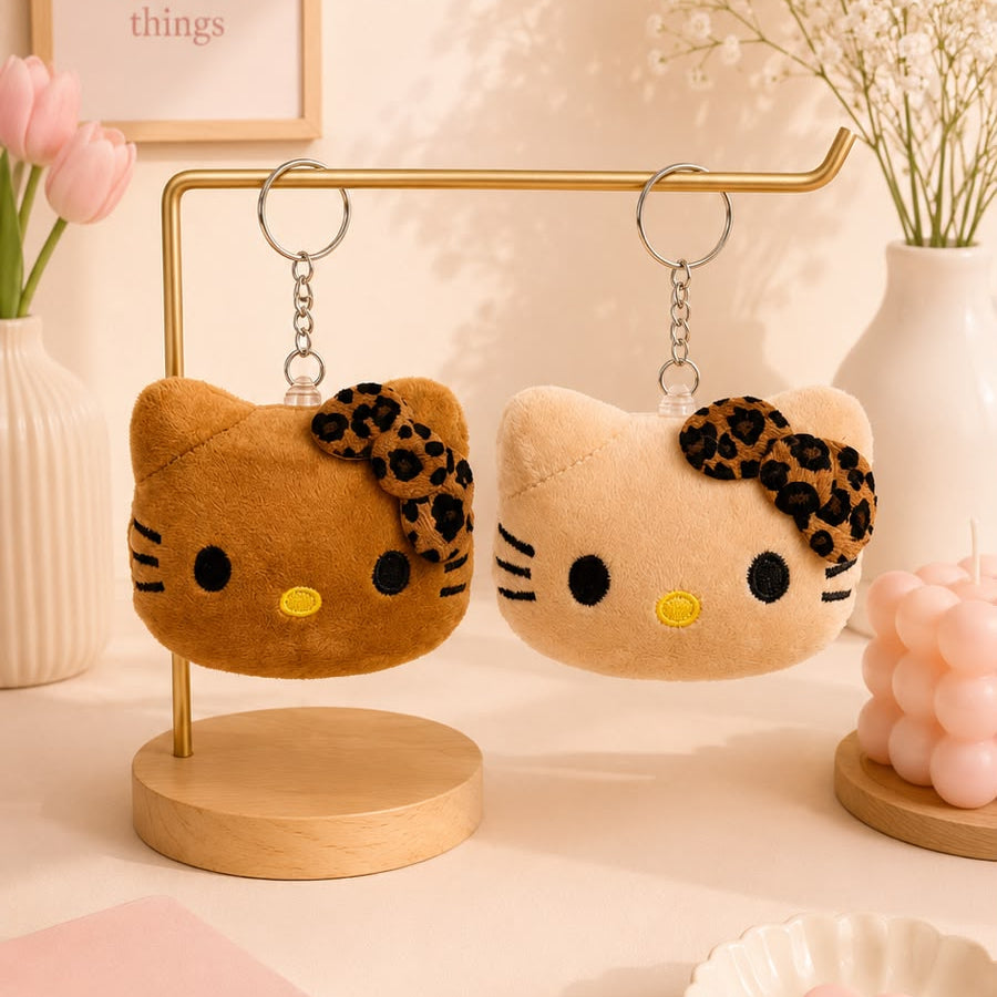 Leopard Bow Kitty Face Plushie Keychain – Chunky Kawaii Cat Bag Charm