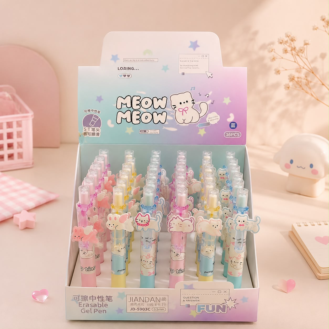 Premium Meow Kawaii Erasable Gel Pens with 3D Meow Charms| Random Design