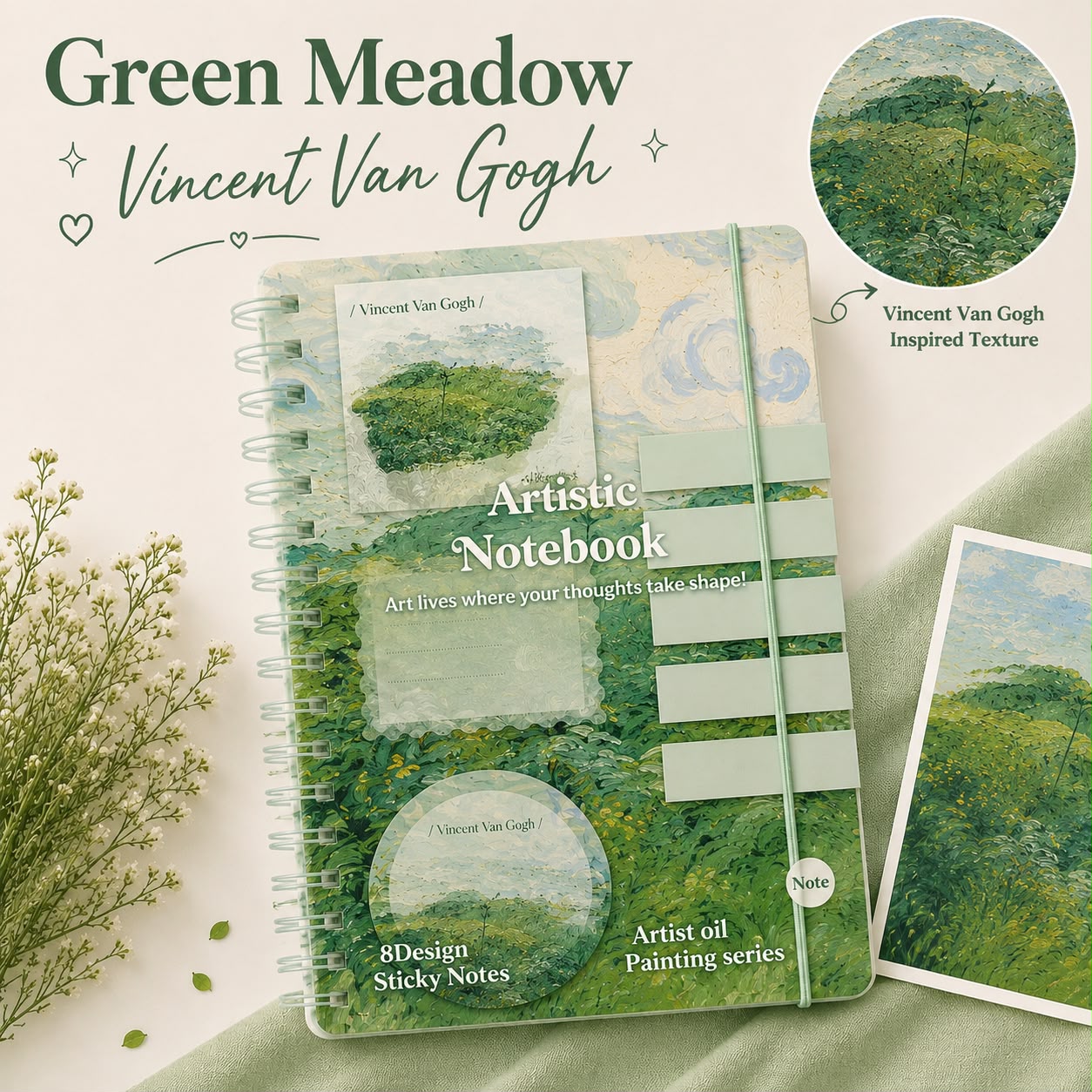 Artistic Spiral Notebook with Sticky Notes | Artist Oil Painting Series | Monet & Van Gogh Inspired