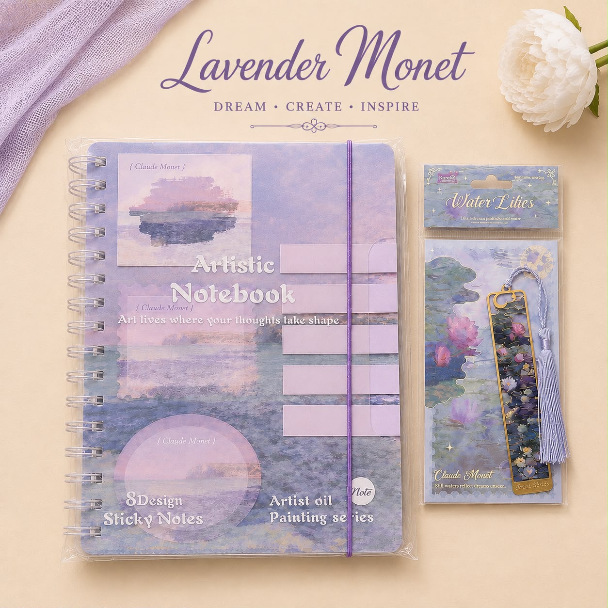 Artistic Spiral Notebook with Sticky Notes | Artist Oil Painting Series | Monet & Van Gogh Inspired