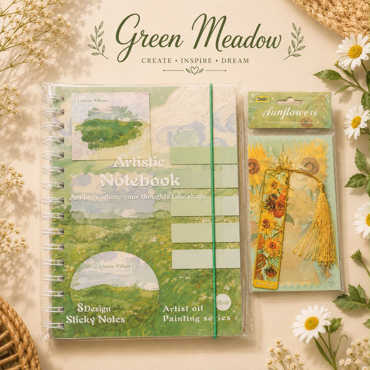 Artistic Spiral Notebook with Sticky Notes | Artist Oil Painting Series | Monet & Van Gogh Inspired