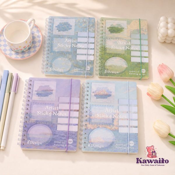 Artistic Spiral Notebook with Sticky Notes | Artist Oil Painting Series | Monet & Van Gogh Inspired
