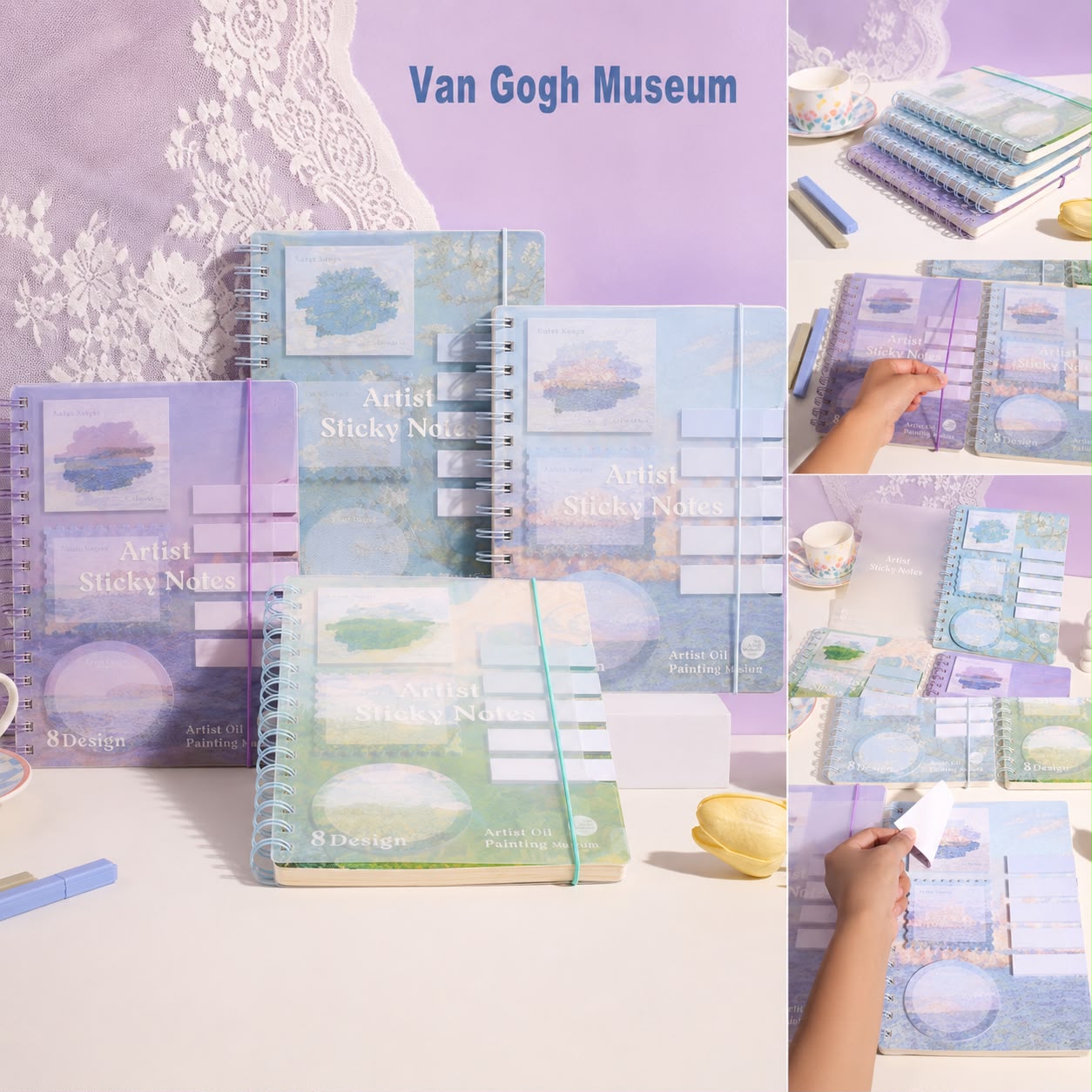 Artistic Spiral Notebook with Sticky Notes | Artist Oil Painting Series | Monet & Van Gogh Inspired
